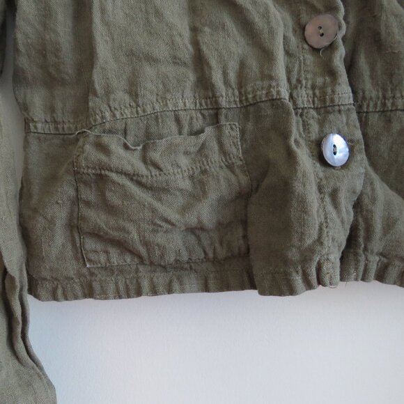 VINTAGE TOM TOM USA 100% Linen Cropped Blazer Jacket Khaki Green Lagenlook S - Picture 6 of 15